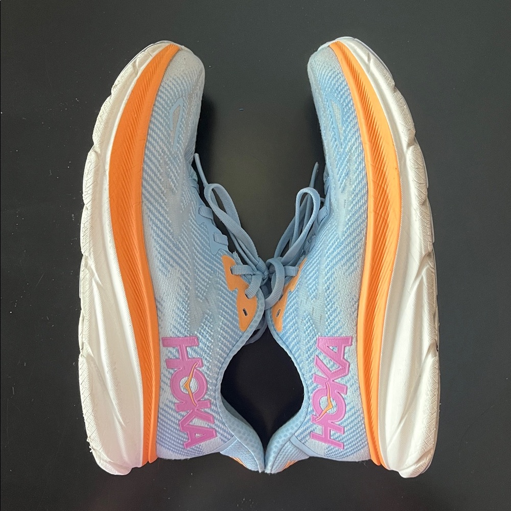 Hoka Women’s Clifton 9 Running Shoes - Light Blue, Orange & Pink Accents - Picture 3 of 12